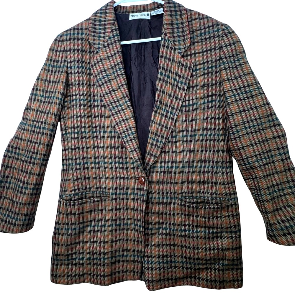 Anne Klein Blazer Women 14 Wool Cashmere Plaid Brown Dark Academia Vintage